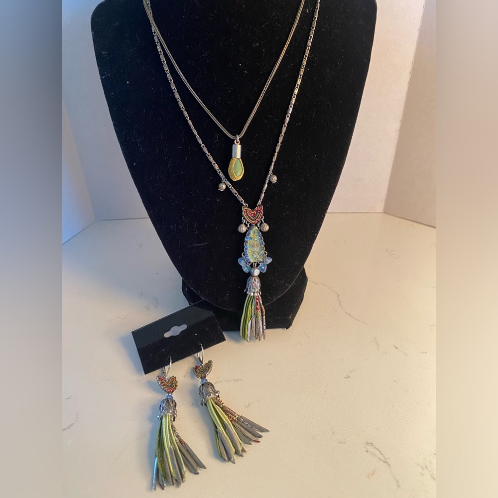Green Multi Ayala Bar Artisan Beaded Tassel Necklace and Matching Earrings